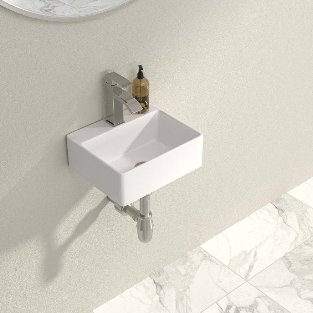 Kichae 13.6 in. x 11.6 in. Wall Mount Rectangular White Ceramic Bathroom Sink Single Faucet Hole Modern Compact Vanity Sink (2)
