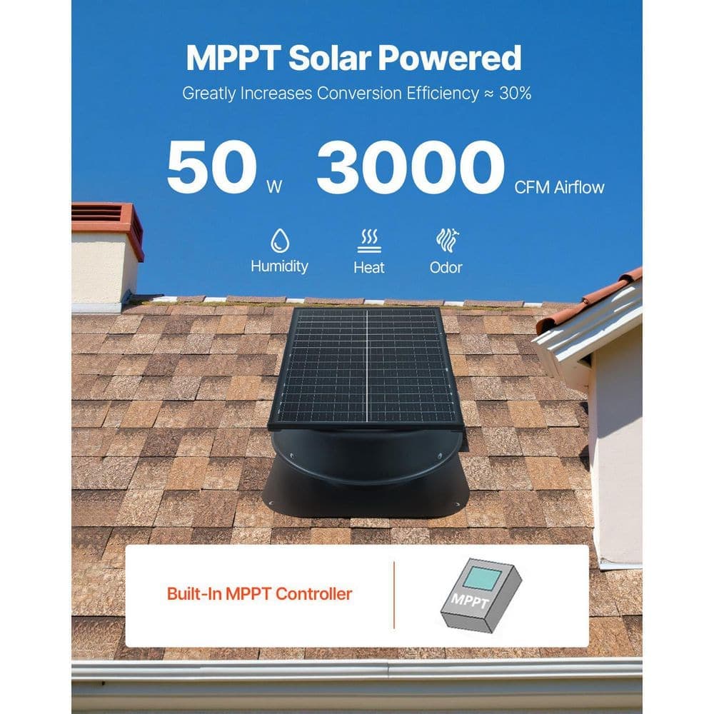 SVOPES 50-Watt Smart Solar Roof Exhaust Fan 3,000 CFM with Thermostat Remote Control Built-in Smoke Sensor Black (2)