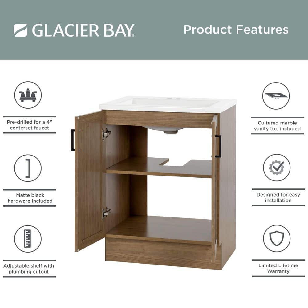 Glacier Bay Fonthill 24.5 in. W x 18.75 in. D x 32.89 in. H Single Sink Bath Vanity in Sand Elm with White Cultured Marble Top (4)