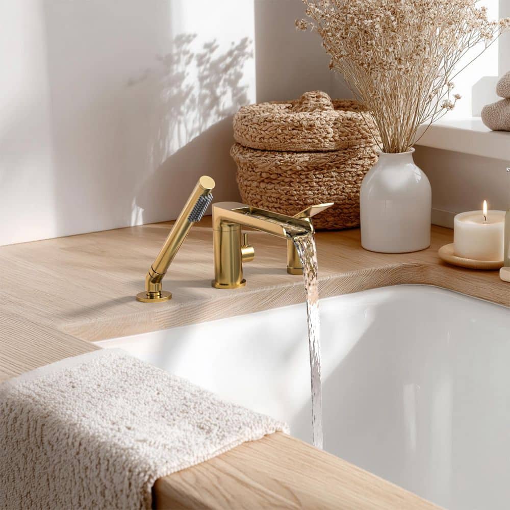 WOWOW Single-Handle Deck-Mount Roman Tub Faucet with Hand Shower in Gold (2)