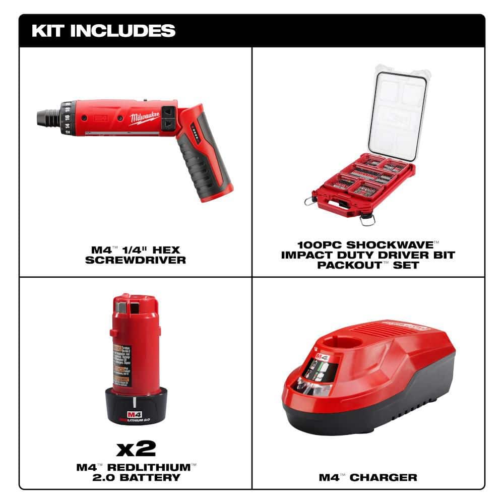 Milwaukee M4 4V 1/4 in. Hex Screwdriver 2-Battery Kit with 100-Pc SHOCKWAVE Bit Set w/ PACKOUT (2)