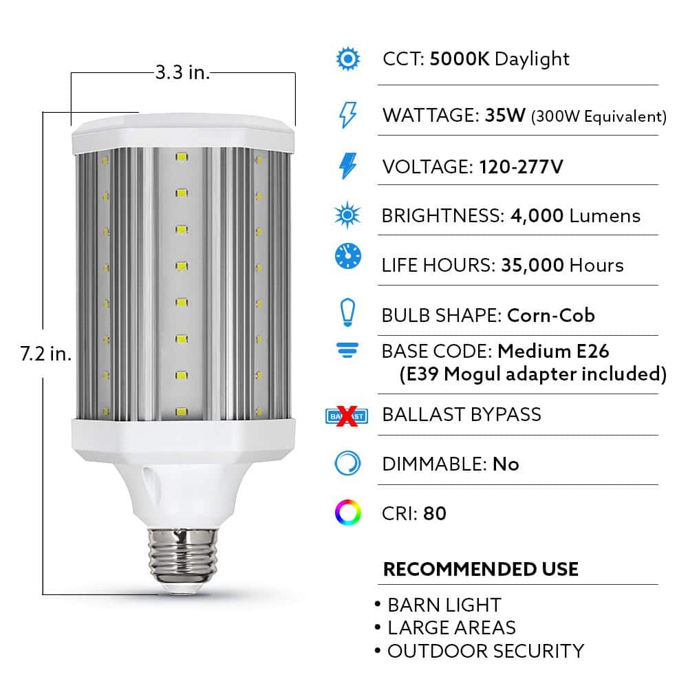 Feit Electric 300-Watt Equivalent Corn Cob E26 with E39 Mogul Adapter High Lumen HID Utility LED Light Bulb Daylight (5000K) (1-Pack) (3)