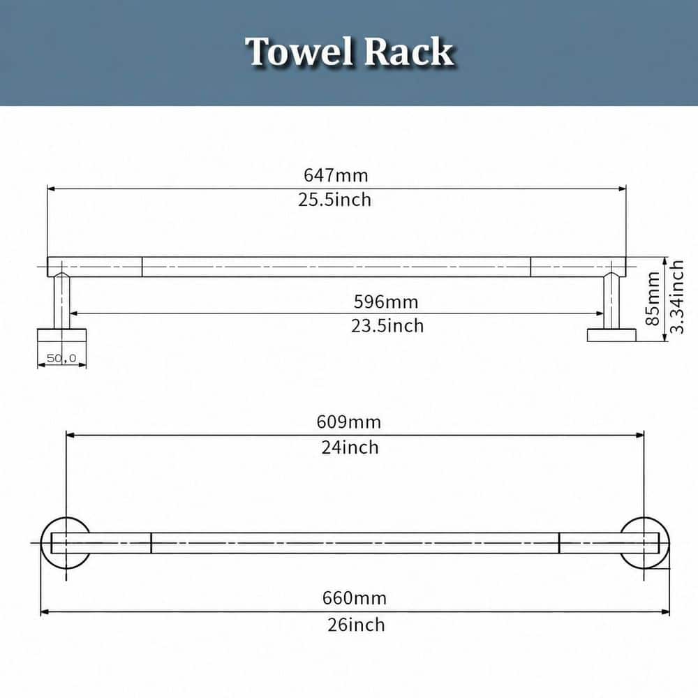 KHKFY Stainless Steel Towel Bar 24 In Center Rail Matte Black Wall Mount 26 In Total Length Towel Rack Durable (2)