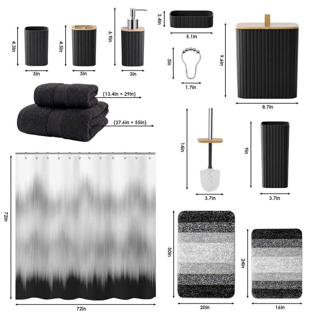 Numhew 25-Piece Bathroom Accessory Set with Shower Curtain Non-Slip Rugs Trash Can Toilet Brush Holder Soap Dispenser in Black (2)