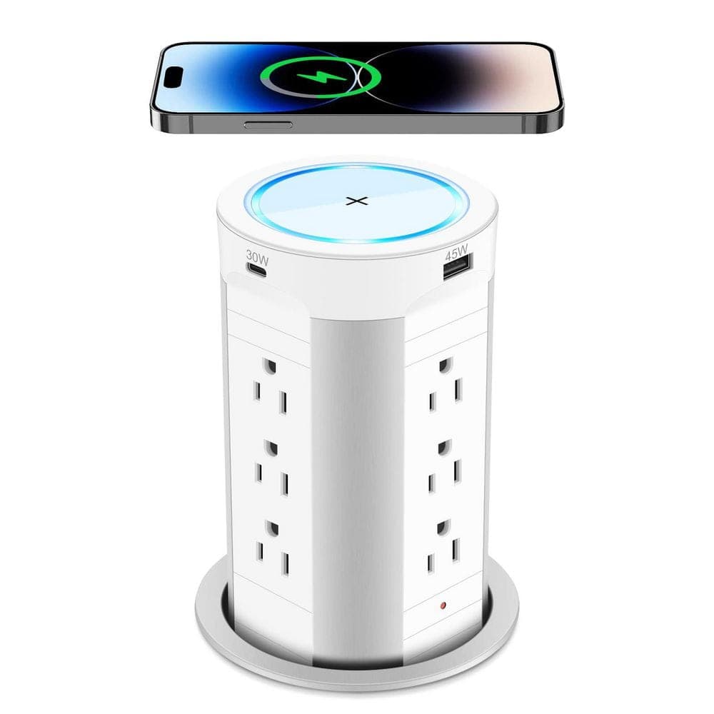 Adrinfly 12-Outlets 2 USB-A, 2 USB-C Ports,15W Wireless Charger,Max 45W Power Delivery,Pop Up Countertop Outlet Tamper Resistant (1)