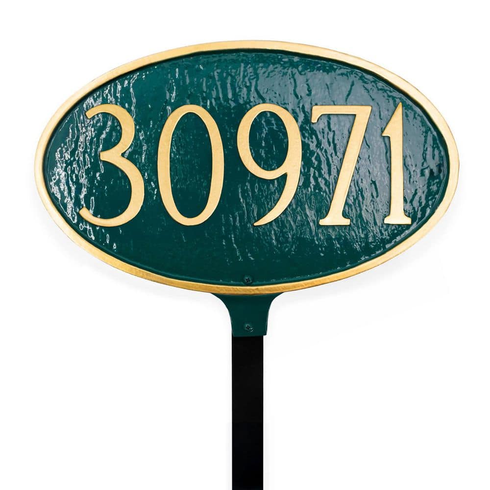 Montague Metal Products Classic Oval Small Address Sign Plaque with Lawn Stake - Hunter Green/Gold (1)