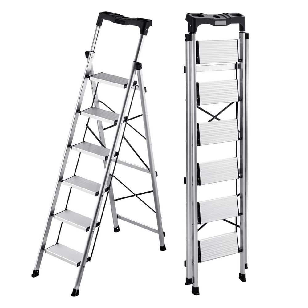 VEVOR 6 Step Ladder, Folding Step Stool with Wide Anti-Slip Pedal and Comfort Handgrip, 330 lbs. Aluminum Stepladder, Silver