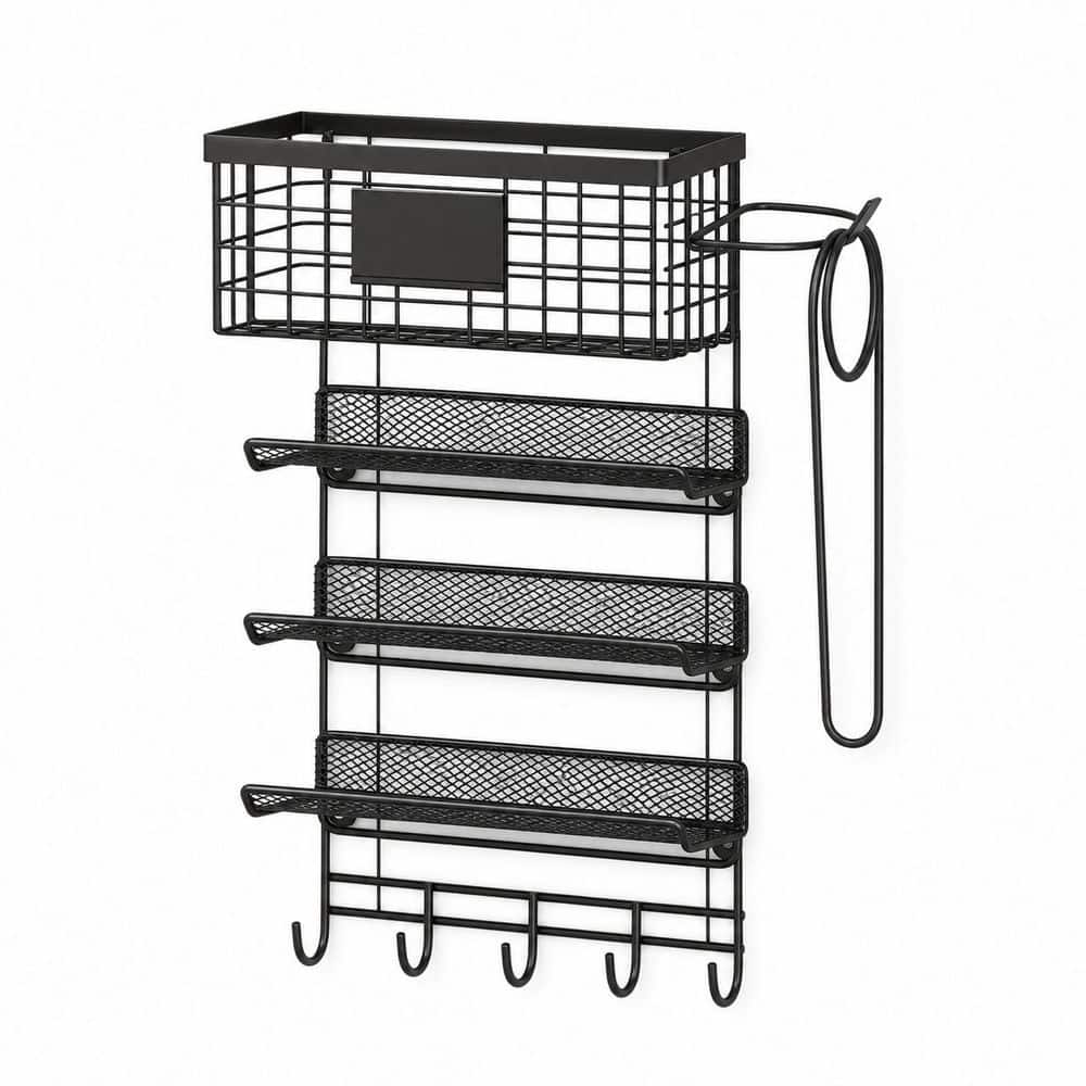 Anqtovp Wall Mount Hair Tool Organizer in Black with 5-in-1 Large Capacity Shelf Basket and Hooks for Bathroom (1)