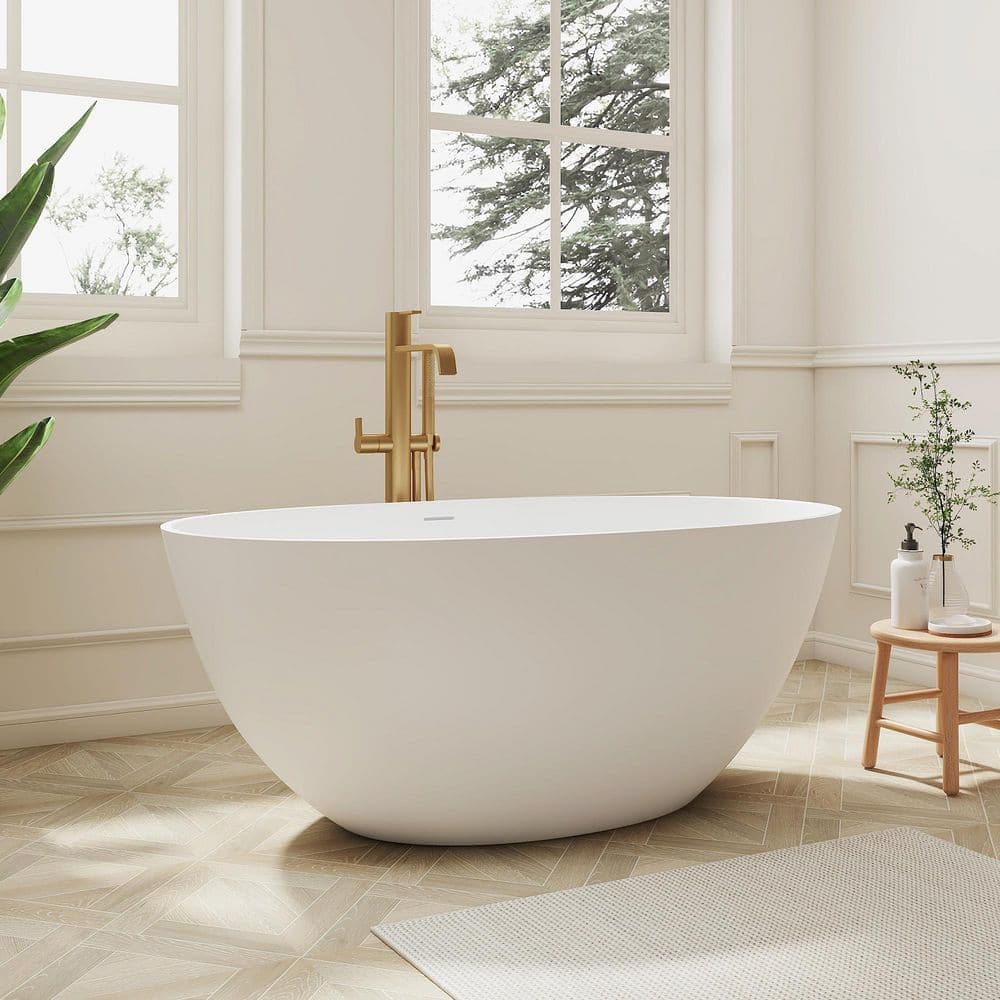 SJ STAR&JANE Verna 55 in. x 30 in. Solid Surface Freestanding Soaking Bathtub Stone Resin Tub in Matte White (2)