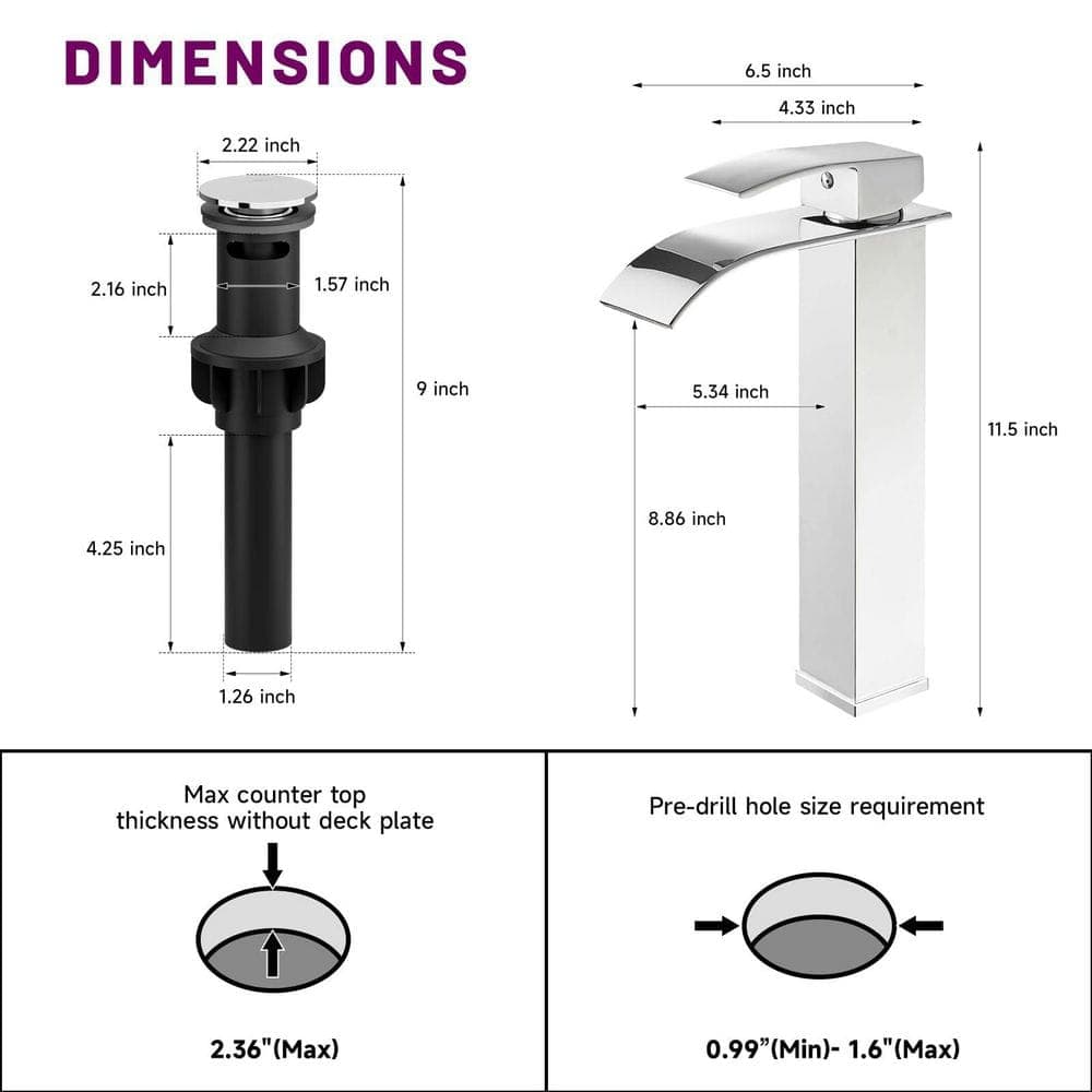 Wudkey 4-Piece Bathroom Accessory Set Waterfall Vessel Sink Faucet in Polished Chrome Stainless Steel with Pop-up Drain (2)