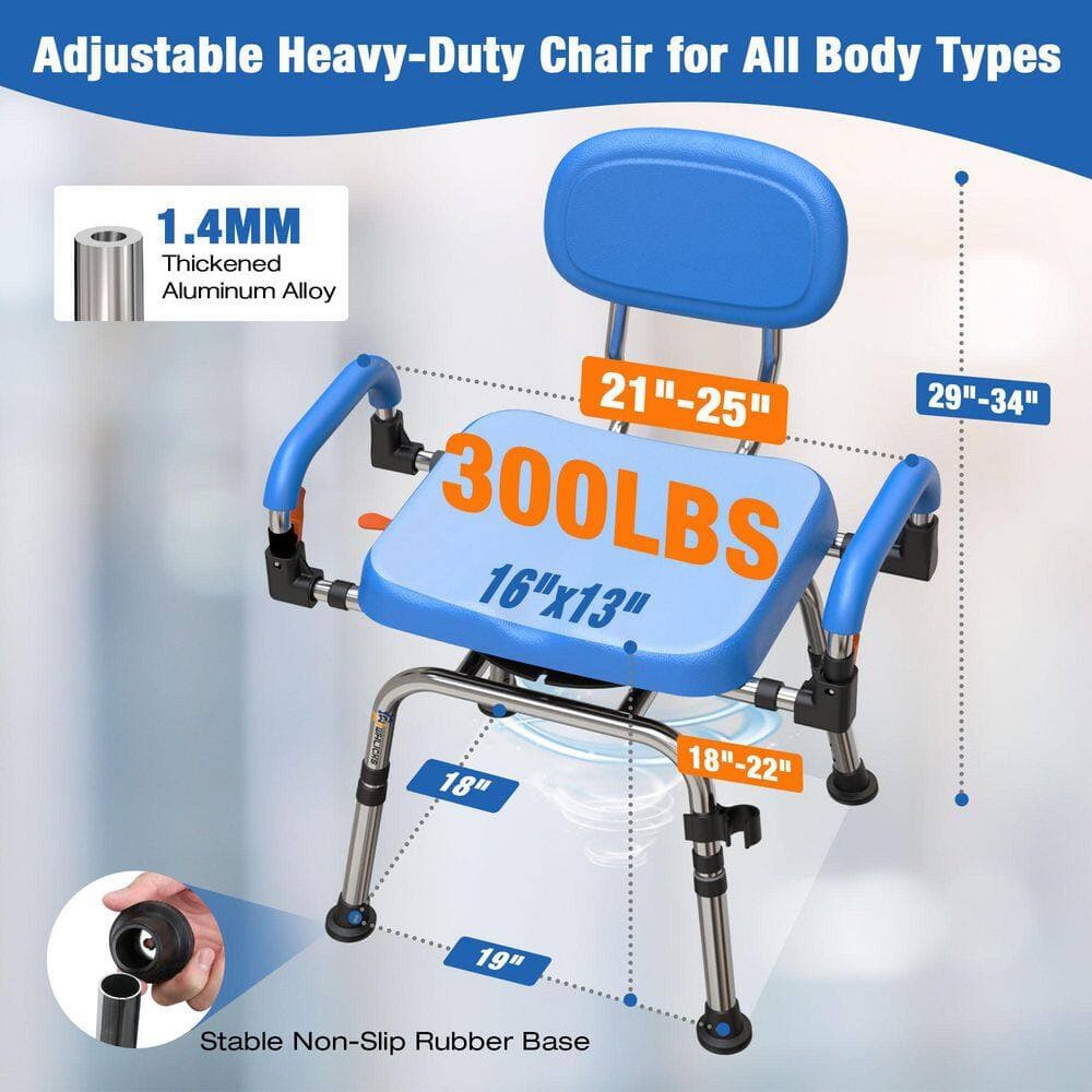 Anqtovp 25in.W Freestanding Adjustable Height & Width 360°Swivel Shower Chair for Elderly & Disabled in Blue (2)