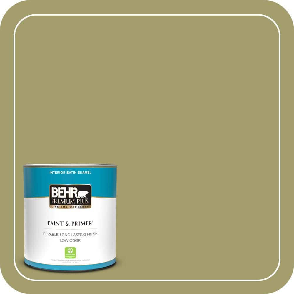 BEHR PREMIUM PLUS 1 qt. #S340-5 Farm Fresh Satin Enamel Low Odor Interior Paint & Primer