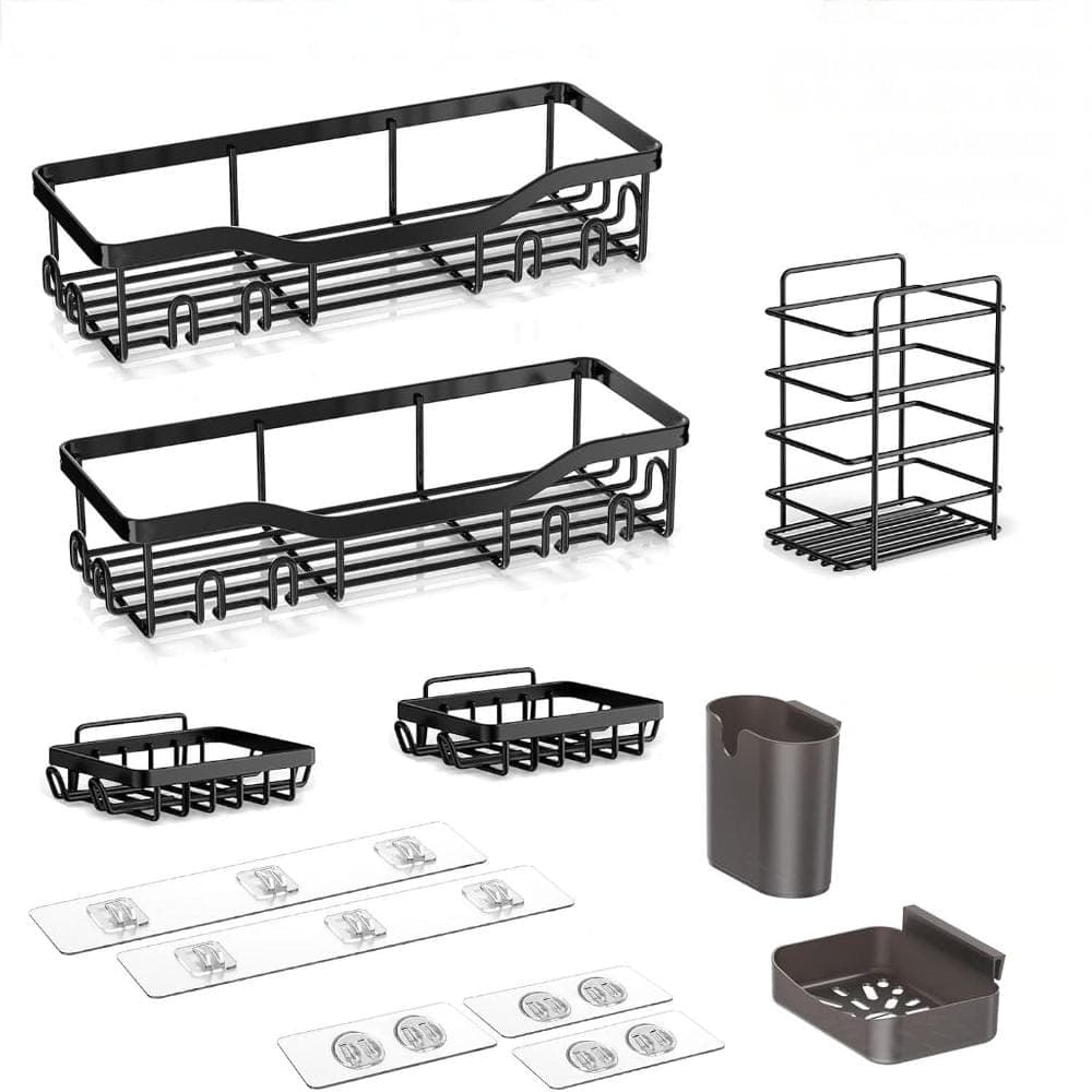 Whatseaso 12.6 in. Stainless Steel Wall Mounted Shower Caddy 7-Pack with Soap Holder and Hooks in Black (1)