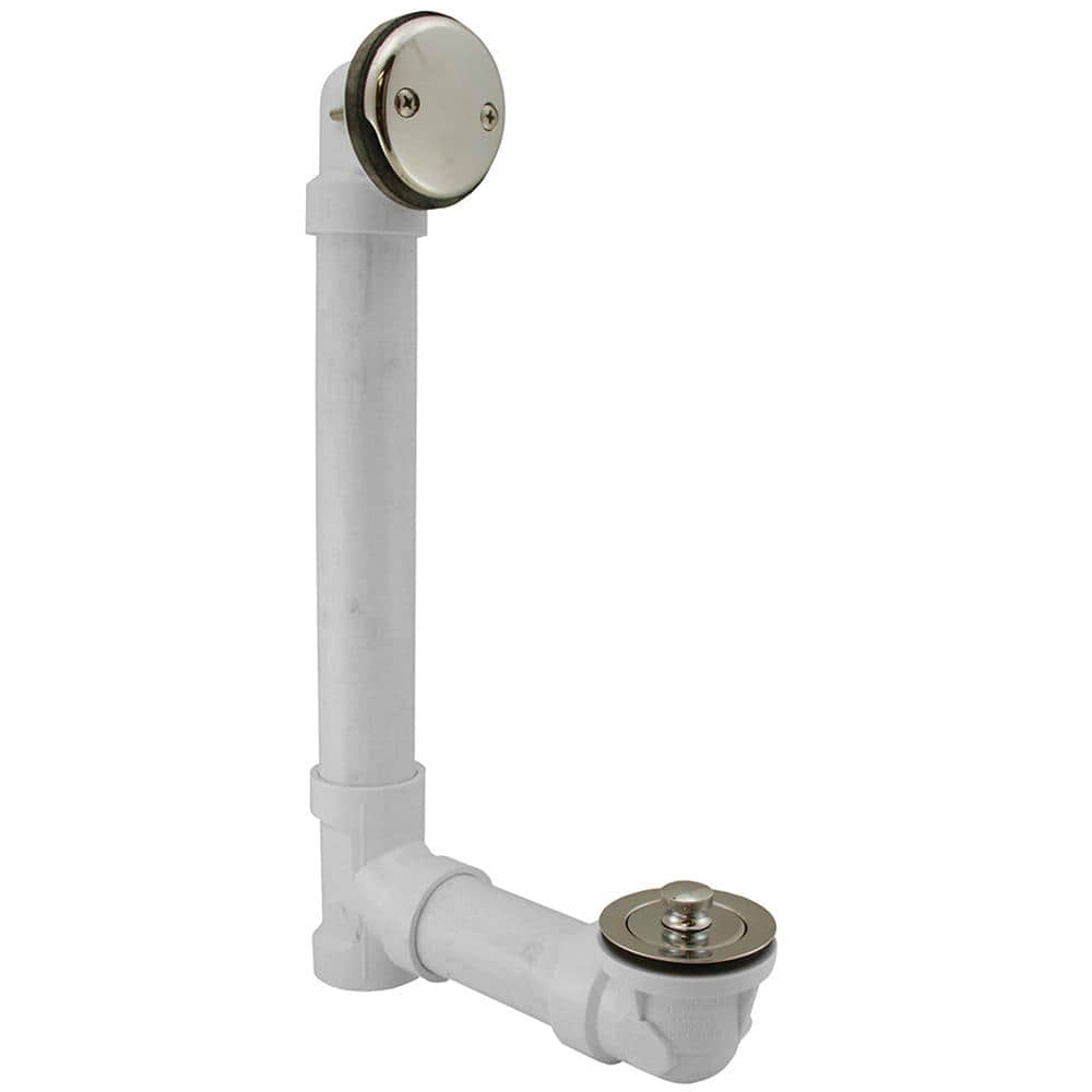 JONES STEPHENS Lift and Turn White Plastic Tubular 2-Hole Bath Waste and Overflow Tub Drain Full Kit in Chrome Plated