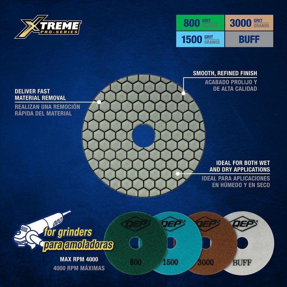 QEP Xtreme 4 in. Dry Diamond Polishing Pad Set for Ceramic, Porcelain, Engineered Stone, Concrete, Marble, Granite (2)