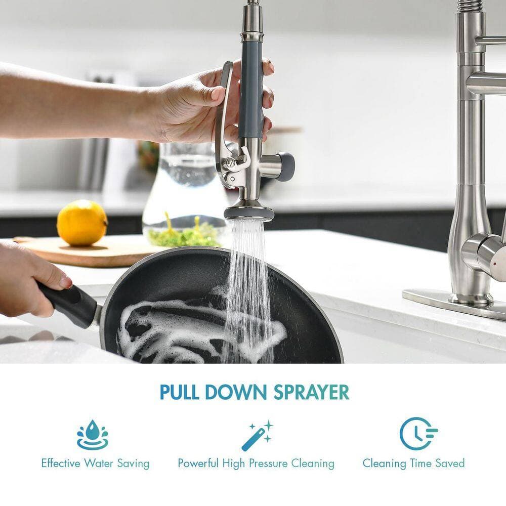 Numhew 1-Piece Stainless Steel Kitchen Faucet in Brushed Nickel, Single Handle Pull Down Sprayer Faucet with Deck Plate (3)
