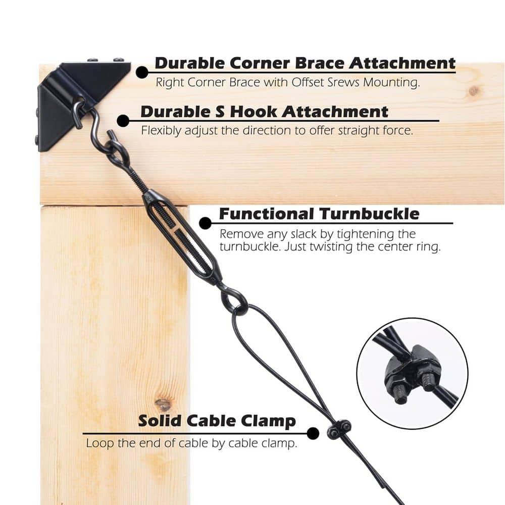 Unbranded Anti Sag Gate Kit for Wooden Fence with Zinc Support Cable Steel Hardware Black Outdoor Repair Kit (3)