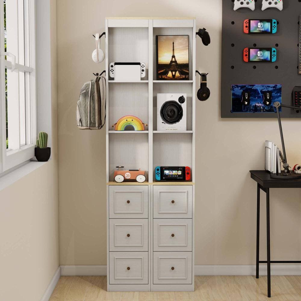 XUJMK 16 in. W x 12 in. D x 73 in. H Linen Cabinet, 3-Tier Tall Slim Storage Cabinet with 3 Drawers, 2 Hooks, Antique White (2)