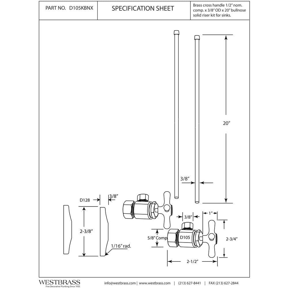 Westbrass 5/8 in. 3/8 in. OD Bullnose Faucet Supply Line Kit with Cross Handle Angle Shut Off Valve (2)