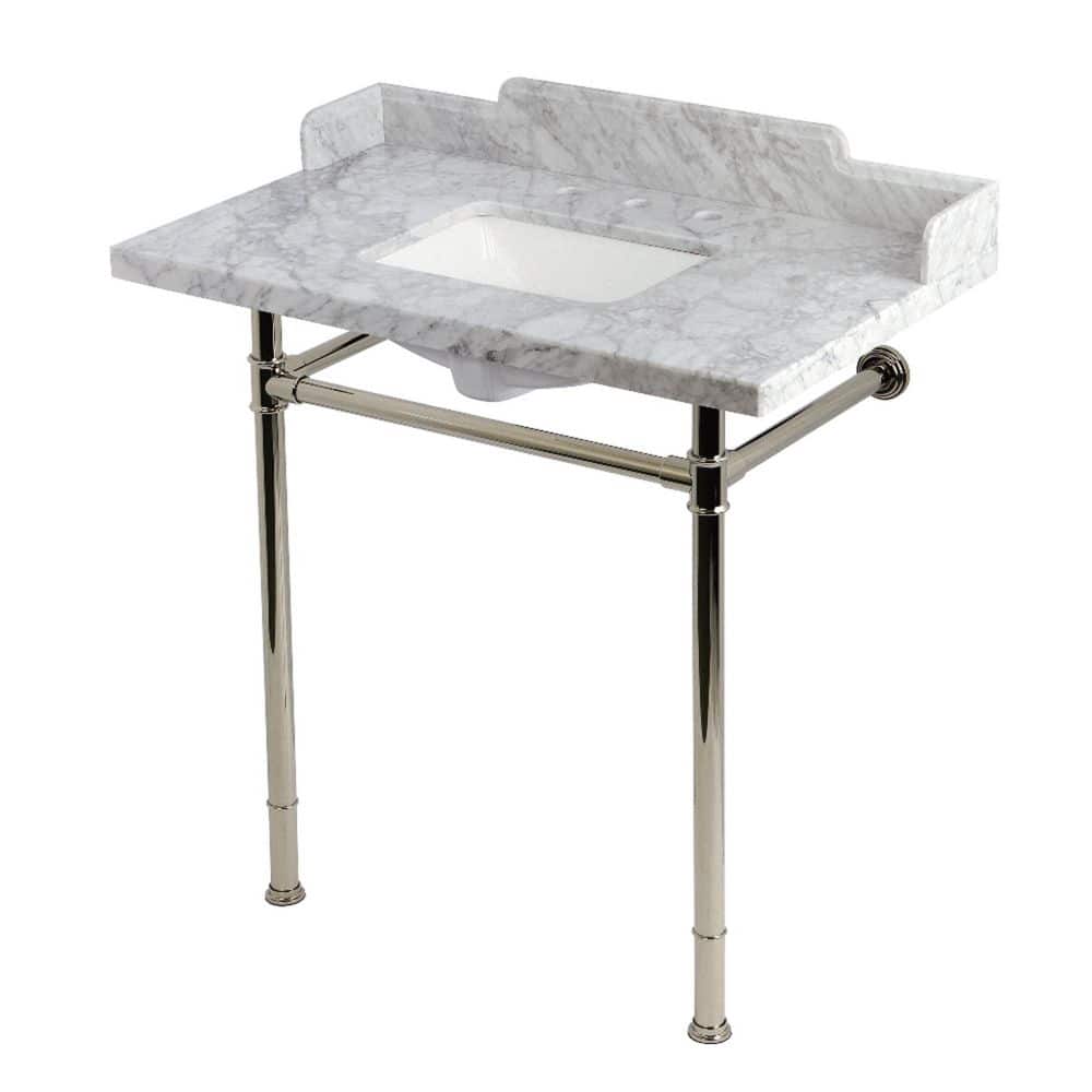 Kingston Brass Wesselman 36 in. x 22 in. Console Sink Combo in Carrara Marble White/Polished Nickel with Legs (1)