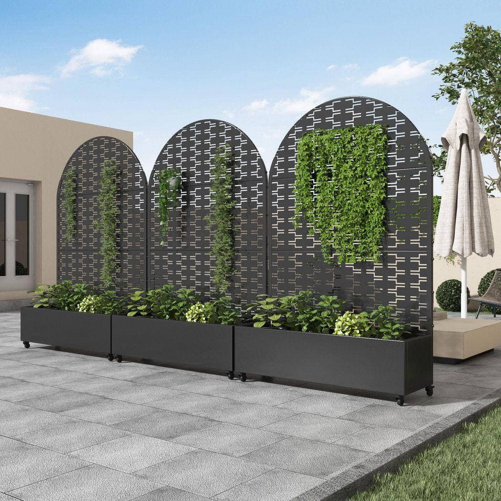 Lirago 72 in. x 47 in. Arch Black Outdoor Metal Privacy Screen Raised Planter Box Wall Decor (2)