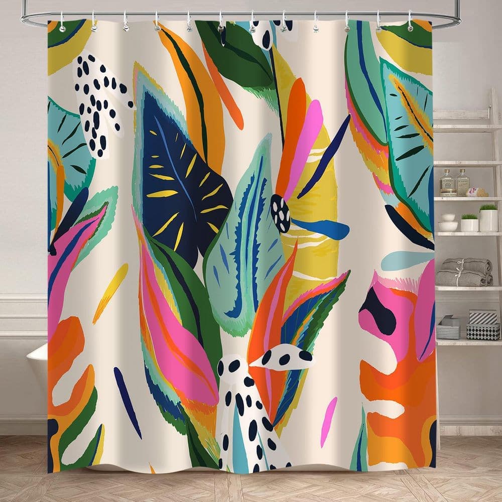 Anqtovp 72 in. W x 72 in. L Polyester Shower Curtain in Multicolor Abstract Floral Leaf Design Waterproof with 12 Hooks (3)