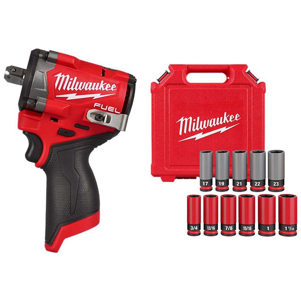 Milwaukee M12 FUEL 12V Li-Ion Brushless Cordless Stubby 1/2in. Impact Wrench w Pin Detent w SAE & Metric Lug Nut Impact Socket Set (1)