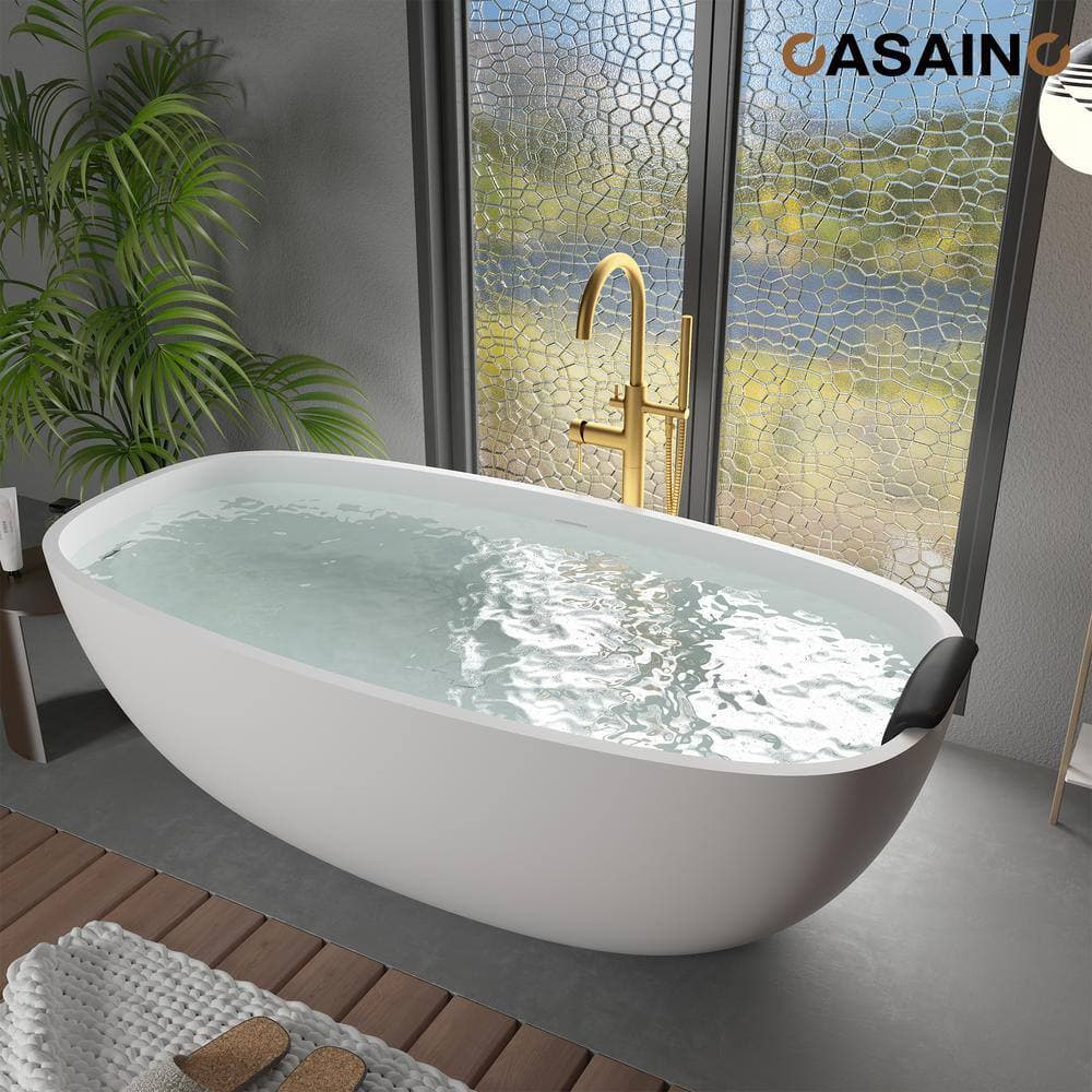 CASAINC 71 in. x 22 in. Solid Surface Stone Free Standing Tub Soaking Bathtub in White with Black Bathtub Pillow (3)