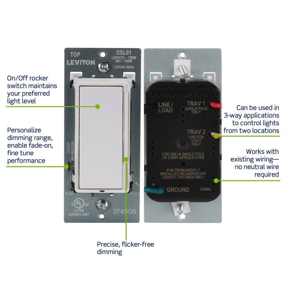 Leviton Decora Rocker Advanced Dimmer Switch for LED and Incandescent Bulbs, 150-Watt Single Pole/3-Way,, DSL01-3PW (3)