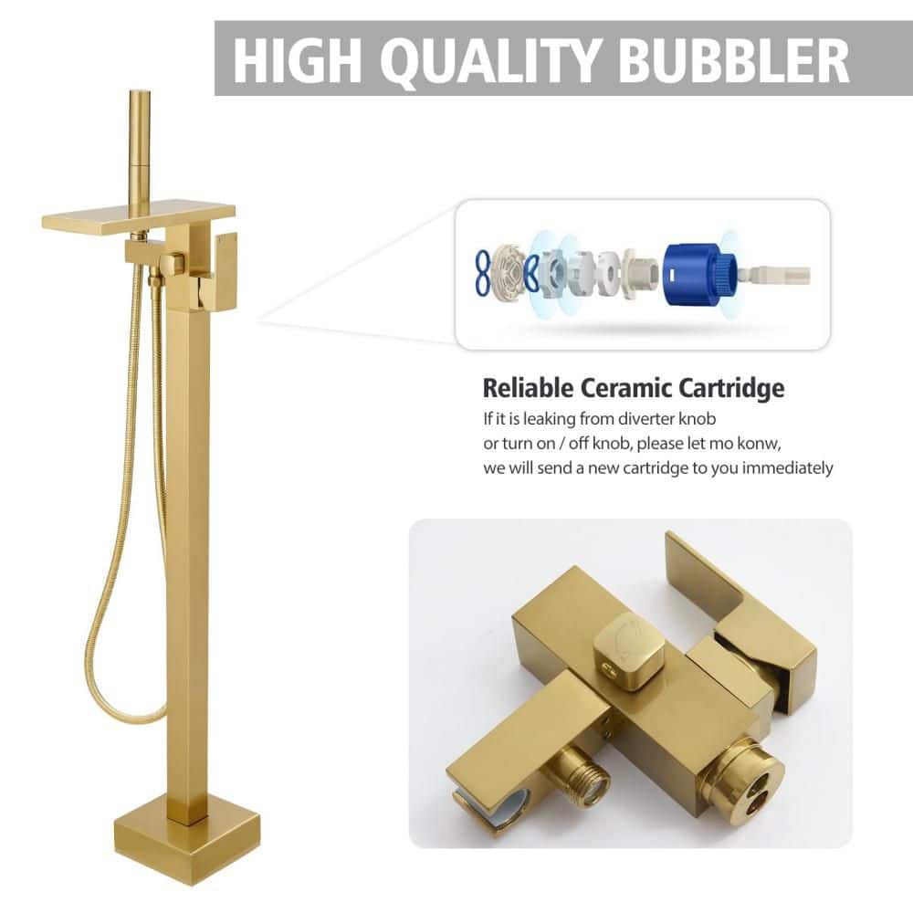 Numhew Tub Filler Freestanding Bathtub Faucet with Handheld Sprayer, Floor Mount Tub Faucet Waterfall Bathtub Filler, Gold (2)