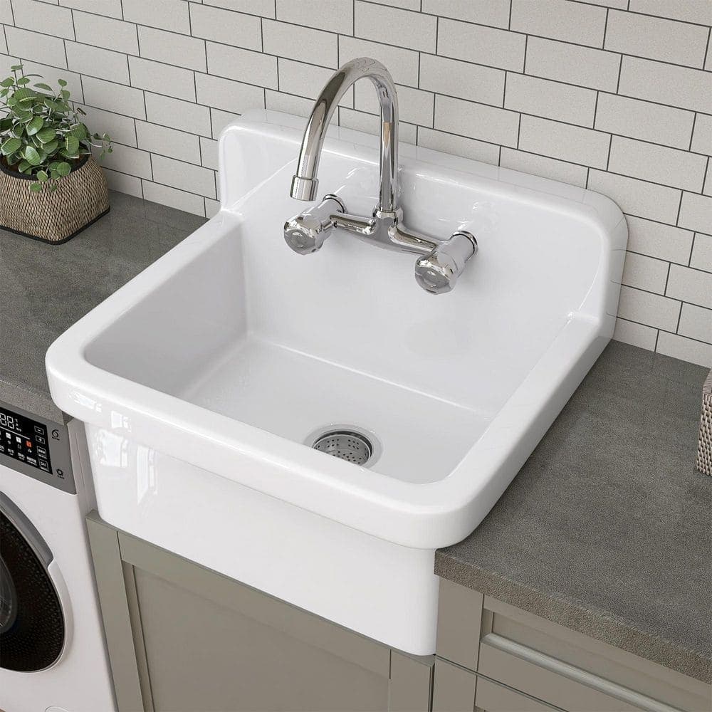 Getpro 24 in. W x 20 in. D Wall Mount Laundry/Utility Sink in White Floating Farmhouse Ceramic Sink with Bracket and Strainer (1)