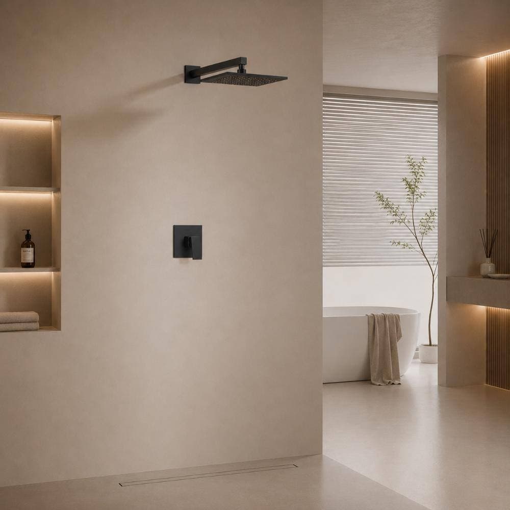 Modland 1-Spray Pattern with 1.8 GPM 10 in. Wall Mount Fixed Shower Head wite Single Handle in Matte Black (2)