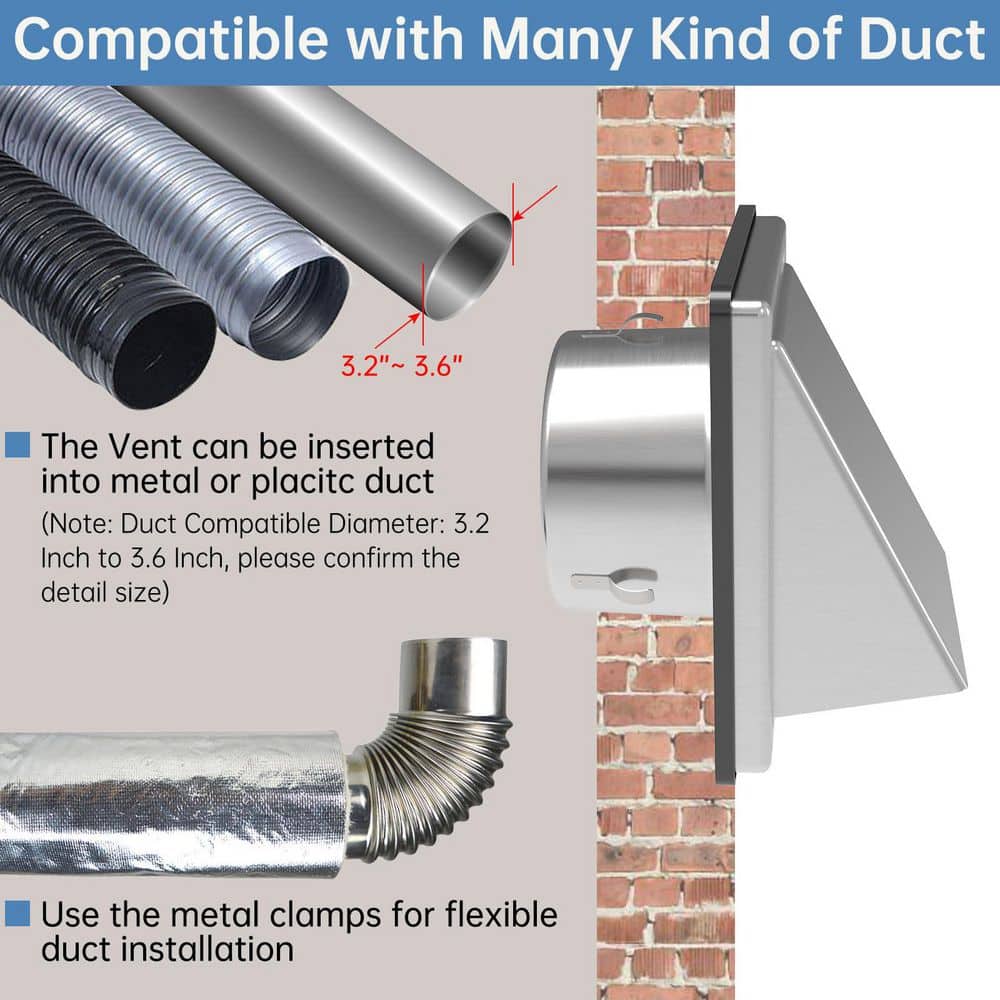Laybus 4 in. Stainless Steel Dryer Vent Cover Outdoor Wall with Rubber Cushioned Non Return Flap for House Wall Vent (3)