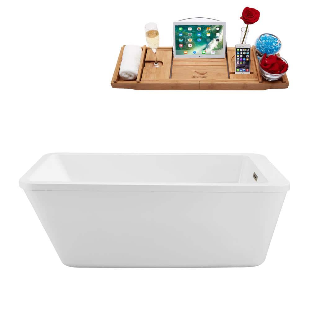 Streamline Acrylic Flatbottom Non-Whirlpool Bathtub Glossy White with Brushed Nickel Drain and Overflow Cover (1)