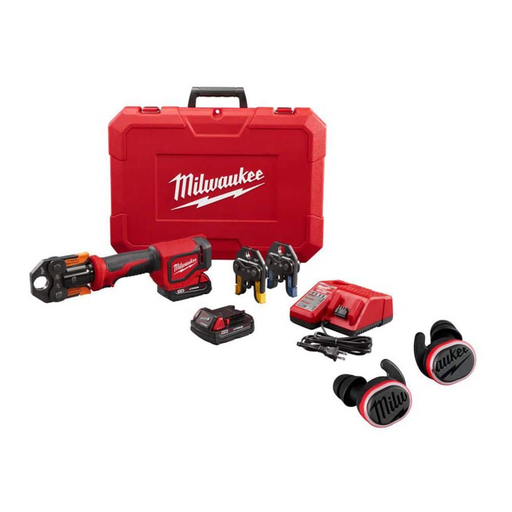 Milwaukee M18 18V Short Throw PEX Press Tool Kit w/ (3) Viega PureFlow Jaws, (2) 2. 0Ah Batteries & Charger with Jobsite Ear Buds (1)