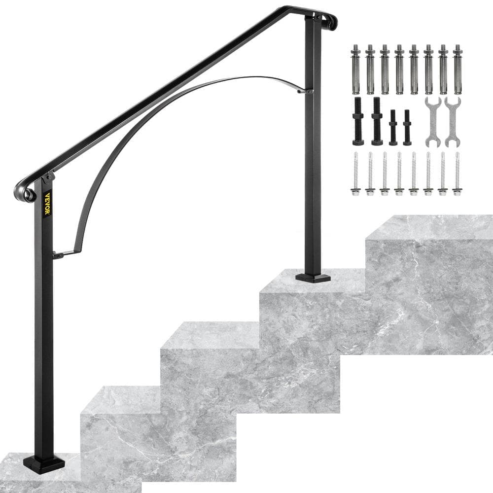 VEVOR 3 ft. Wrought Iron Handrail Fit 3 or 4 Steps Handrails for Outdoor Steps Flexible Porch Railing, Black (1)