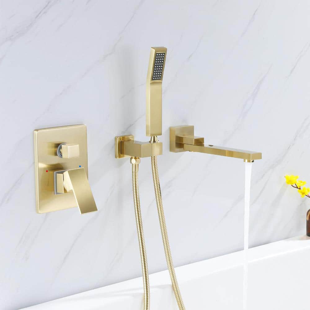 Modland Single-Handle Wall-Mount Roman Tub Faucet with Hand Shower 3-Hole in. Brushed Gold (2)