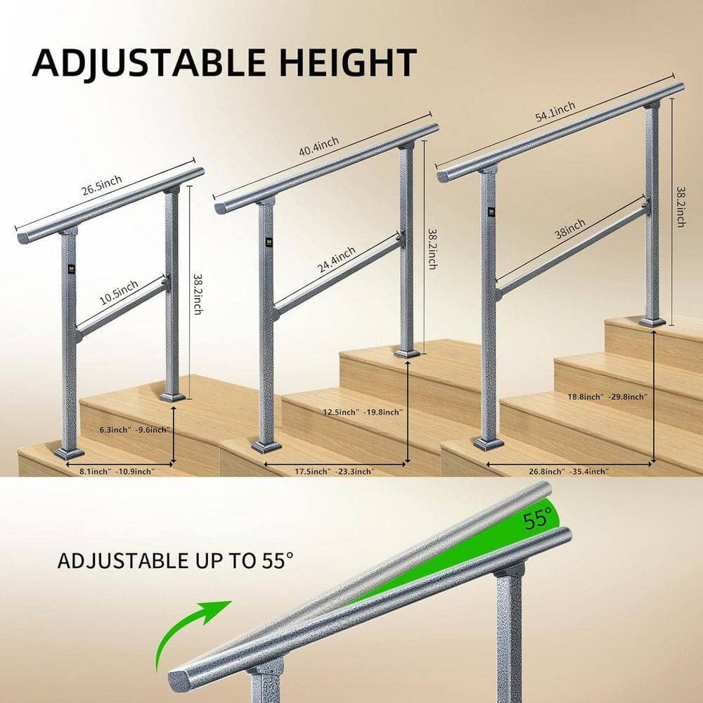 Afoxsos Adjustable Galvanized Steel Handrail for Outdoor Steps with Silver on Black Finish Easy Install Sturdy 3 Steps (3)