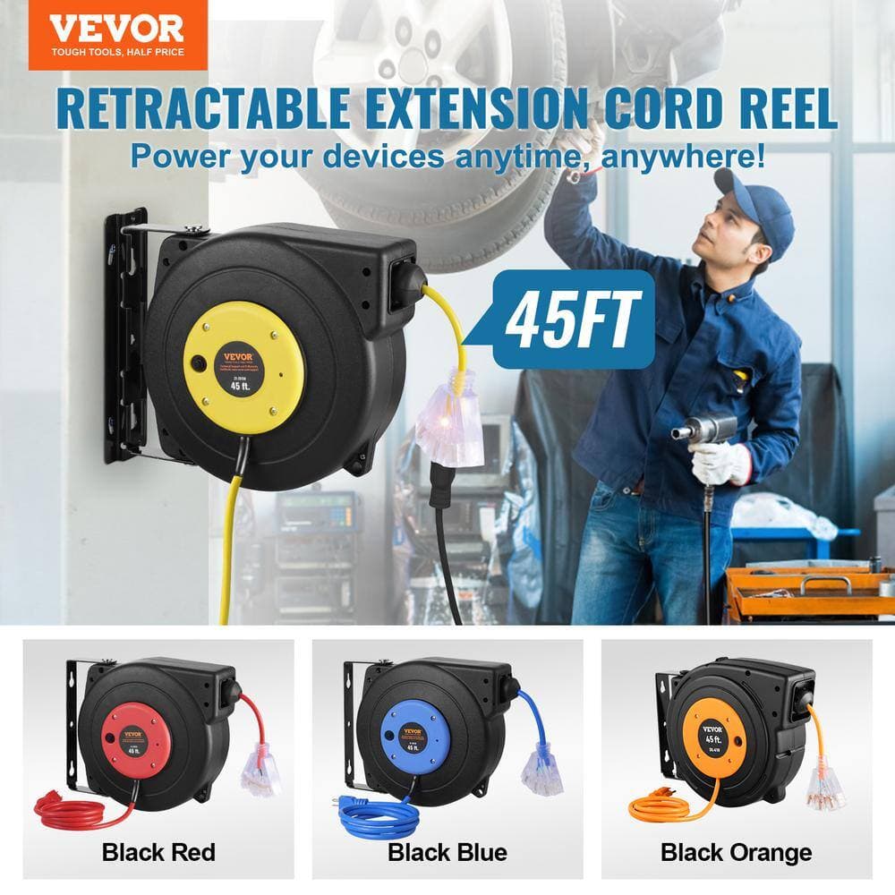 VEVOR 45 ft. 12/3 15Amp Retractable Extension Cord Reel Heavy Duty SJTOW Retractable Power Cord with Lighted Triple Tap Outlet (2)
