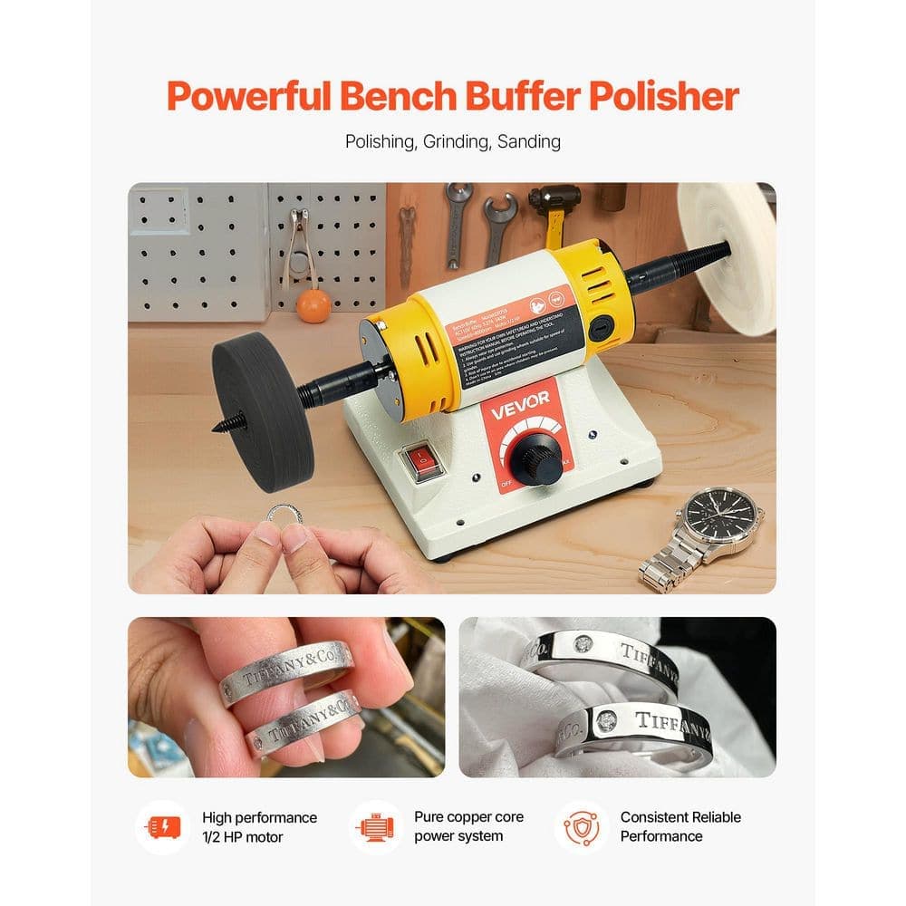 VEVOR Bench Buffer Polisher, 1/2HP Polishing Buffing Machine, 0 to 8000RPM Benchtop Polisher Grinder with 4 in. Cloth Wheel (2)