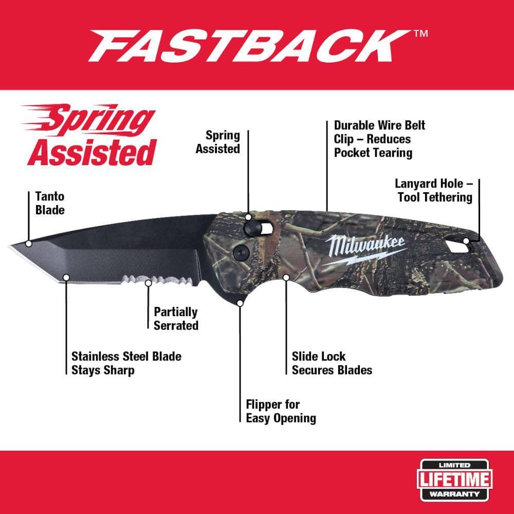 Milwaukee 3 in. Hardline D2 Steel Serrated Blade Pocket Folding Knife& FASTBACK Camo Stainless Steel Spring Assisted Folding Knife (3)