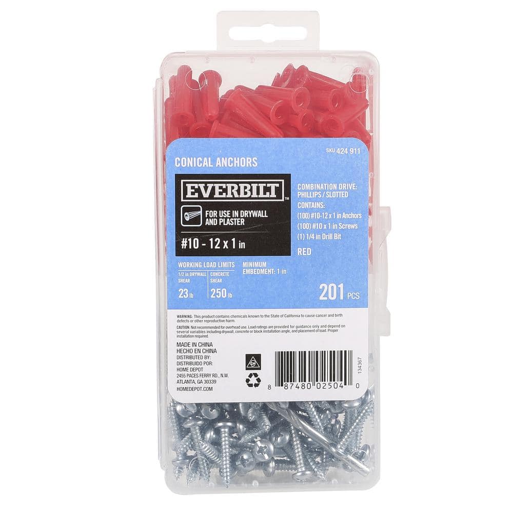 Everbilt # 10-12 x 1 in. Plastic Conical Anchor Kit with Pan head Phillips Sheet Metal Screw (201-Pack) (3)