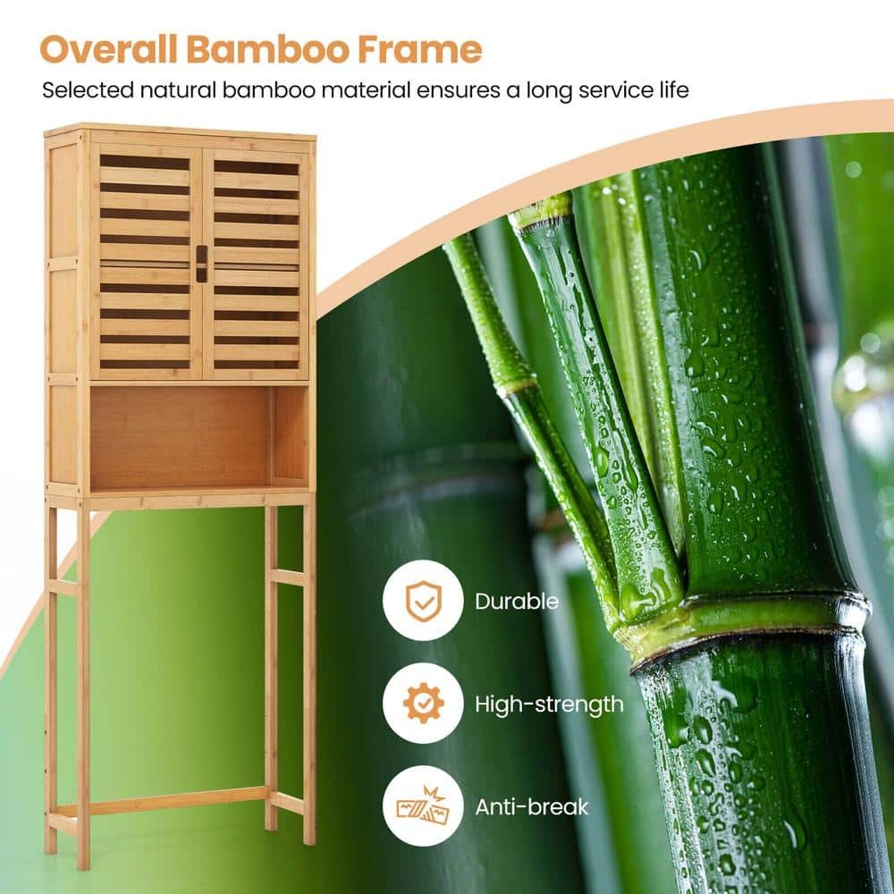 HONGGE Bamboo Over-the-Toilet Storage Cabinet with Adjustable Shelf Louvered Doors and Anti-Toppling Kit (3)