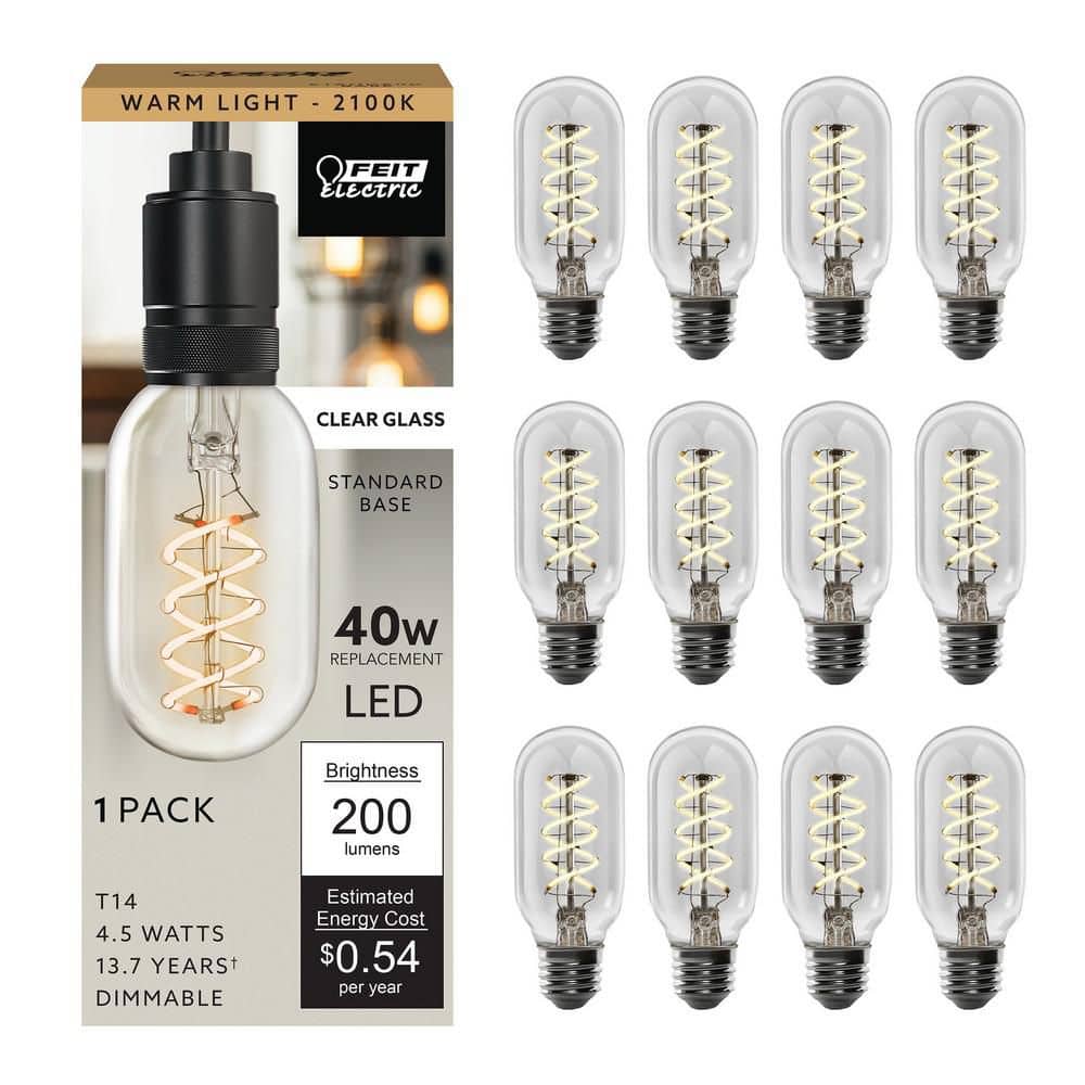 Feit Electric 40-Watt Equivalent T14 Dimmable Spiral Filament Clear Glass E26 Vintage Edison LED Light Bulb, Warm White (12-Pack)