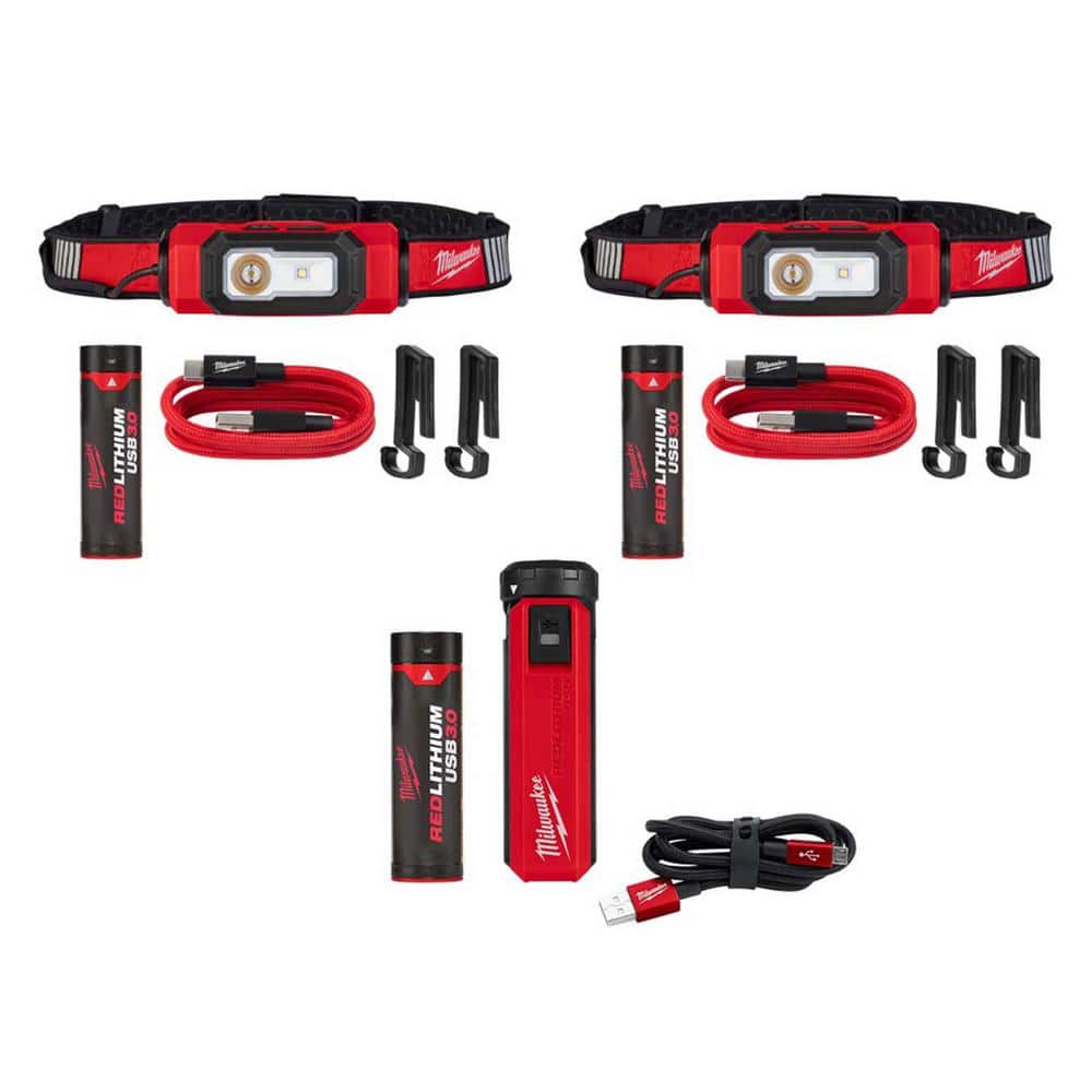 Milwaukee 600 Lumens LED REDLITHIUM USB 360-Degree Visibility Hard Hat Headlamp (2-Pack) USB Charger and Portable Power Source Kit