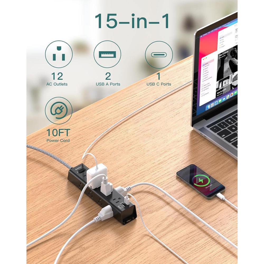 Lukyamzn 10 ft. Flat Plug Power Strip Surge Protector Extension Cord with 12-Widely Outlets 3-USB, Wall Mount Overload Protection (3)