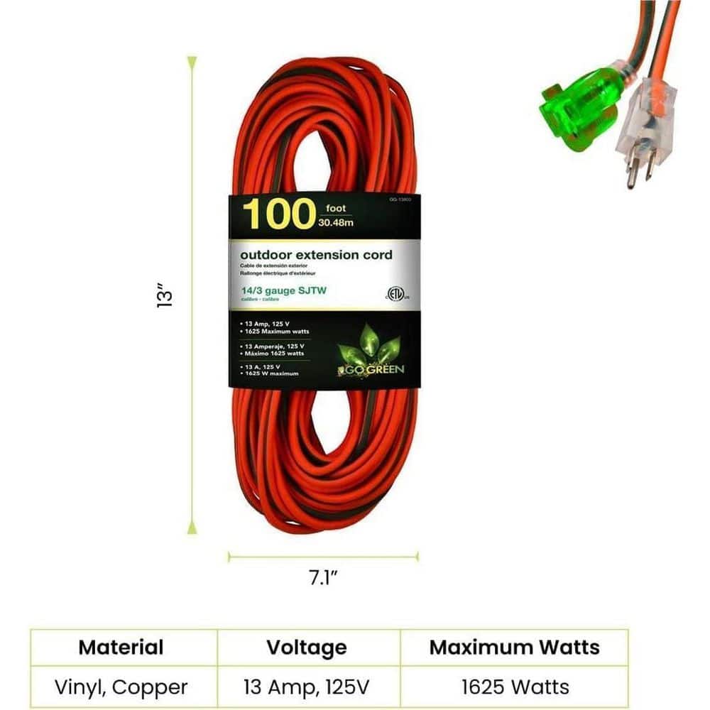 GoGreen Power 100 ft. 14/3 Indoor Heavy Duty Extension Cord Orange (2-Pack) (2)