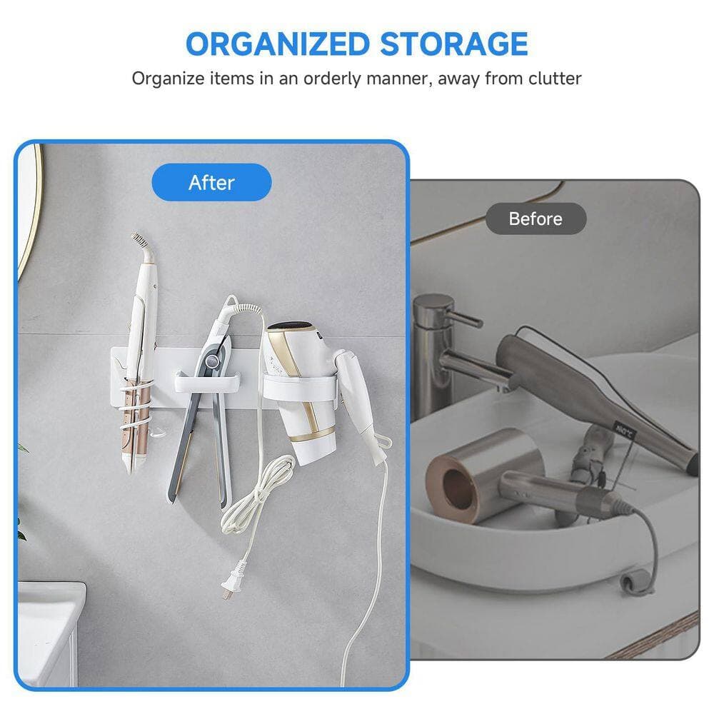Numhew Wall Mounted Blow Dryer, Curling Iron, Straightener Holder, 3 in 1 Bathroom Metal Hair Tool Organizer in White-A (3)
