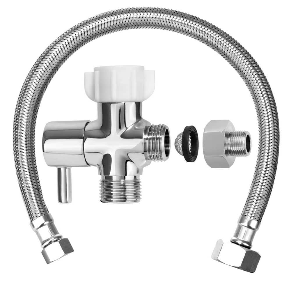 Wudkey 2-Piece Brass Bidet T-Adapter with Shut-Off Valve and 15.75 in. Flexible Hose in Chrome Plated Finish (1)