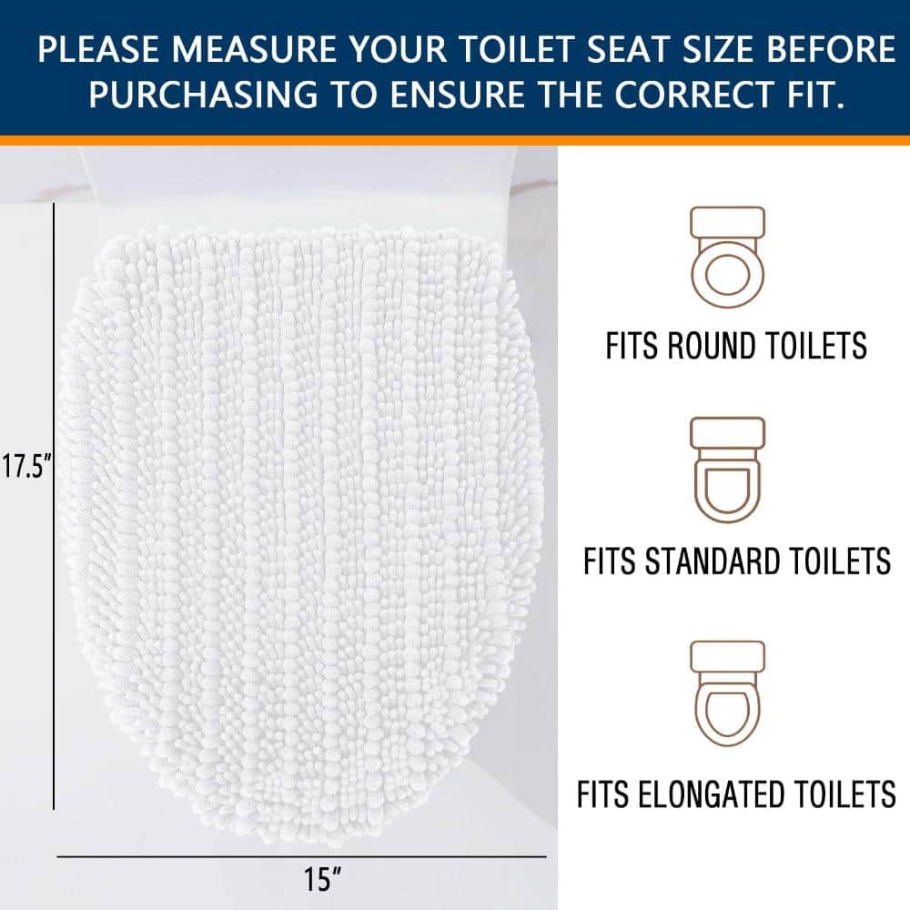 Unbranded Soft Chenille Toilet Lid Cover 17.5 x 15 Inches with Non-Slip Backing and Elastic Edges, White (2)
